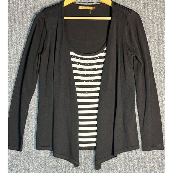 Belldini Top Cardigan Attached‎ Tank Top Striped Rhinestone Black White Women PS - Picture 1 of 14